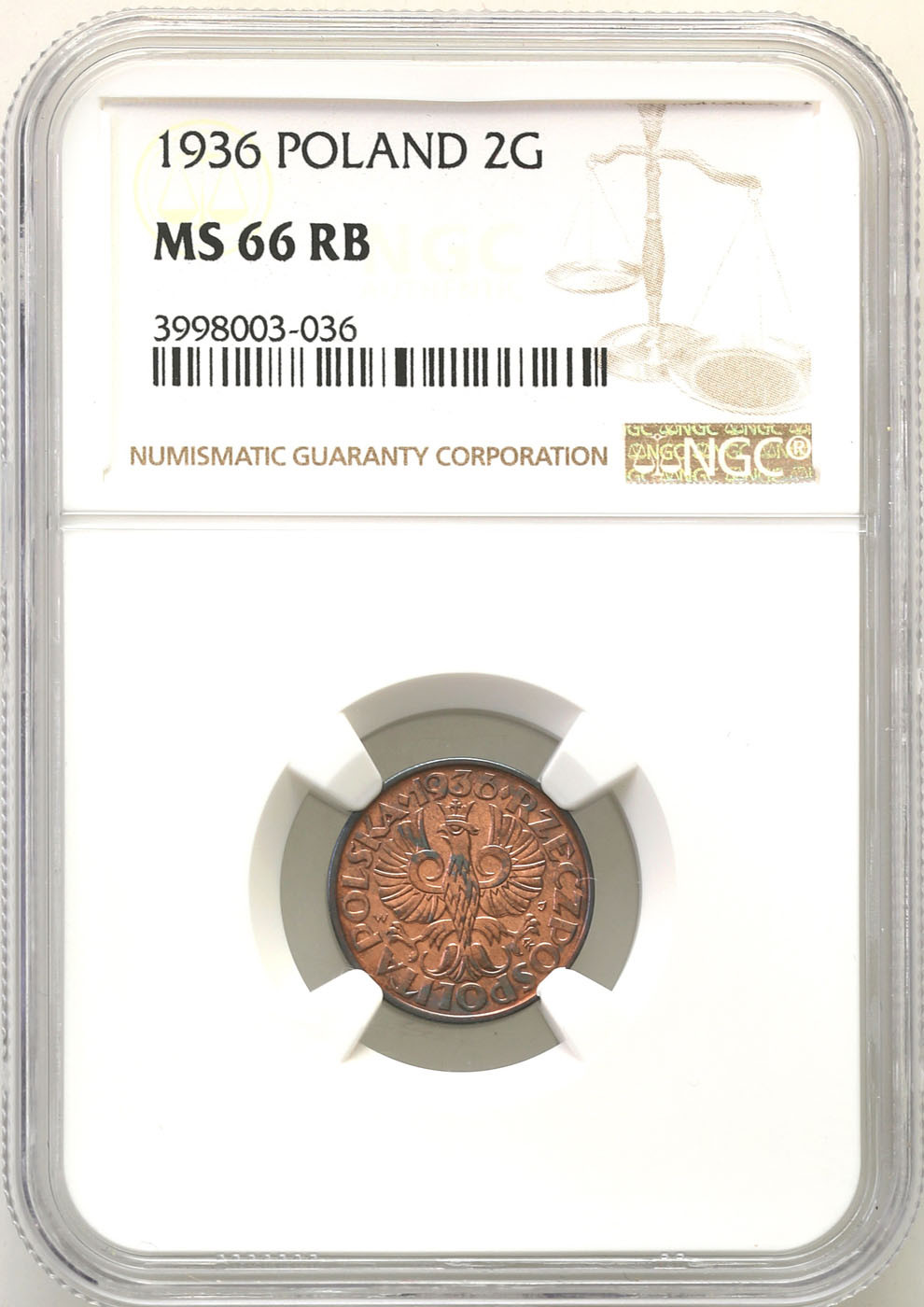 II RP. 2 grosze 1936 NGC MS66 RB (2 MAX)